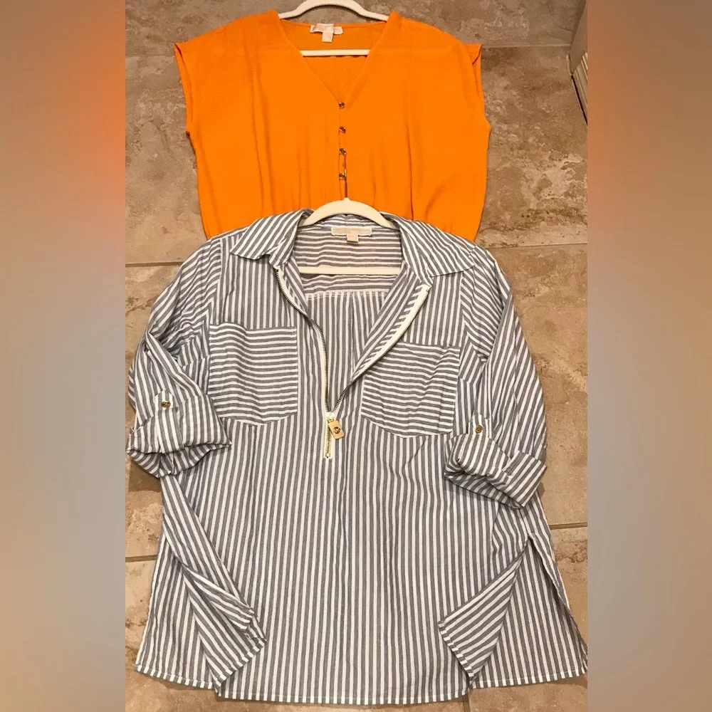 *Michael Kors* Shirt Bundle Orange Button-Down Blouse & Striped Shirt (Size L) - Picture 12 of 12